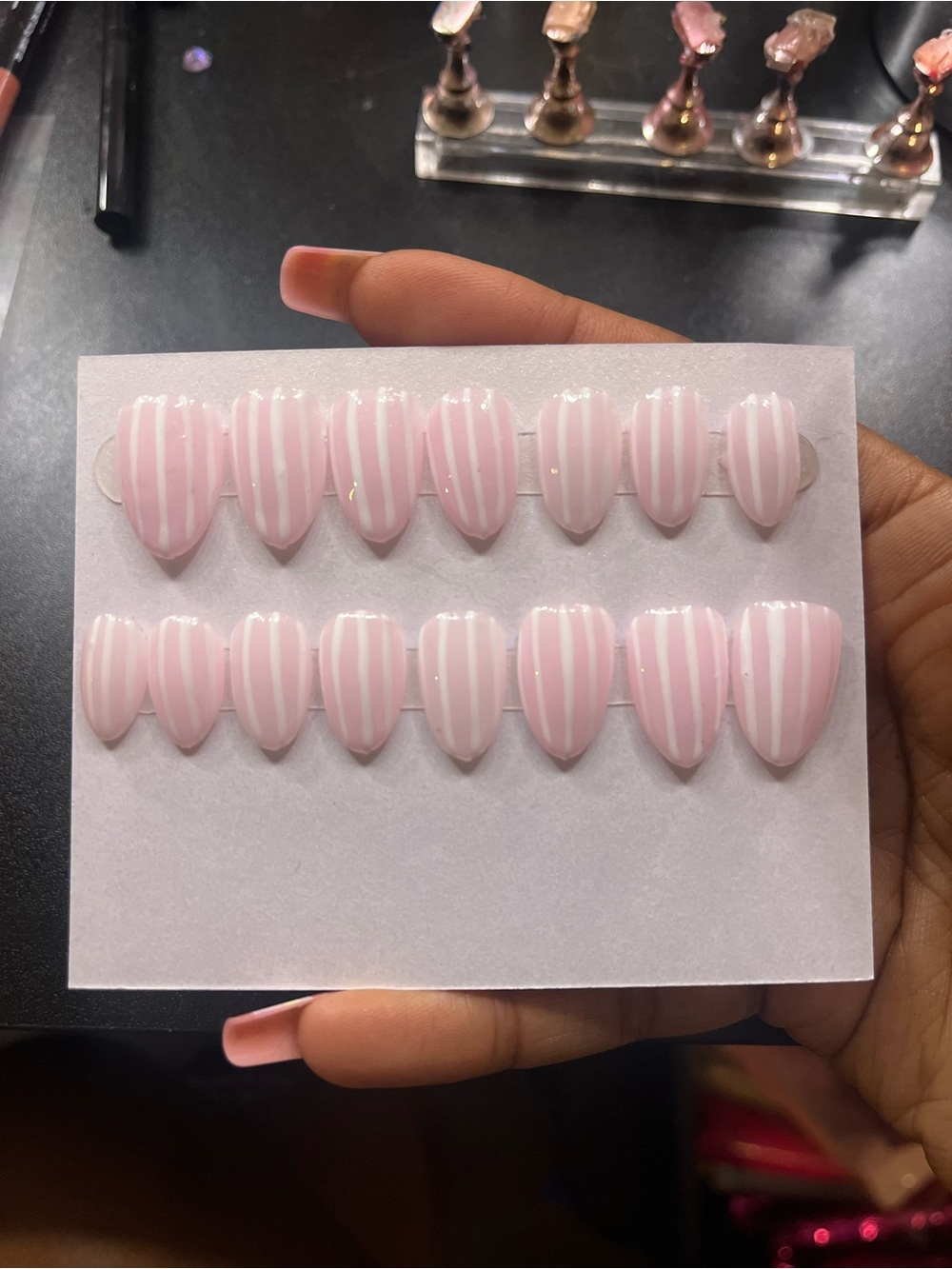 Pink Striped Short pAlmond Press-On Nails